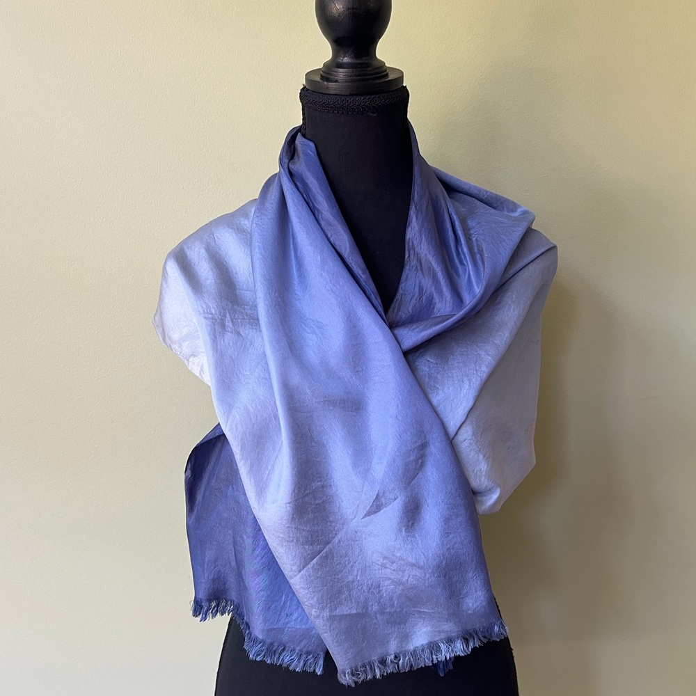 ANQUETIL Paris Rare France Silk Blue Ombré Fringed Oblong Scarf